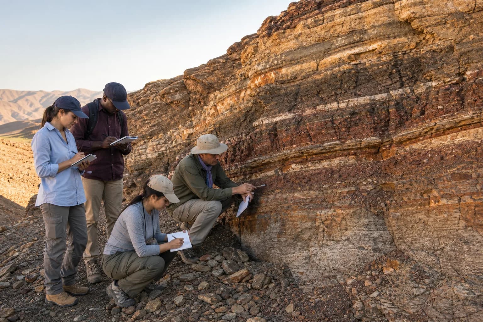 Géoscientifiques étudiant un affleurement stratifié sur le terrain